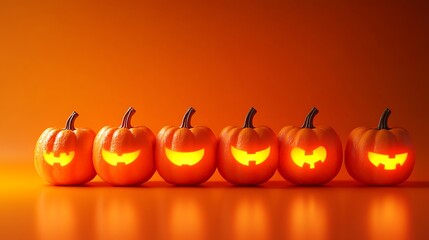 Multiple glowing pumpkins arranged symmetrically on a bright orange surface