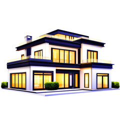 Modern luxury two story house with large and exterior lighting, contemporary architecture design with landscaped bushes and spacious outdoor area