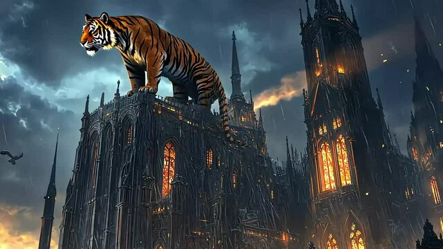 A majestic tiger stands atop a gothic cathedral, surrounded by dark clouds and flames in the background