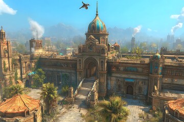 Obraz premium High angle view of a large, ornate building with a teal dome, situated in a desert like landscape. The architecture blends traditional styles with a touch of fantasy, and the scene is bathed in