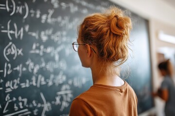 Female student engaged in math problems while studying at school