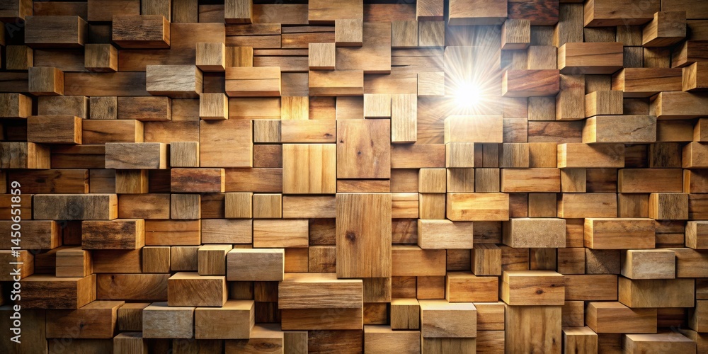 Aufkleber A captivating wooden block wall with a radiant light emanating from the center, creating an interplay of shadows and highlights