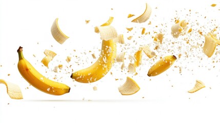 Flying bananas crumbs and slices on white background