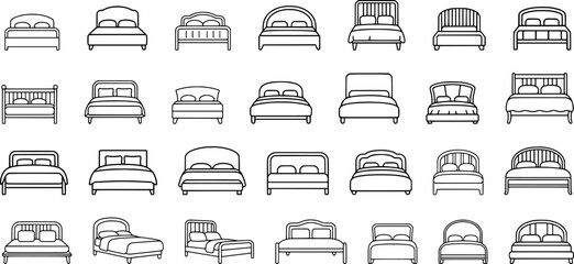 Set of Various Bed Outline Vectors – Minimal Line Art of  Double, Bunk, and Platform Beds – Hand-Drawn Furniture for Coloring Book, Interior Design, and Home Decor – Transparent Background