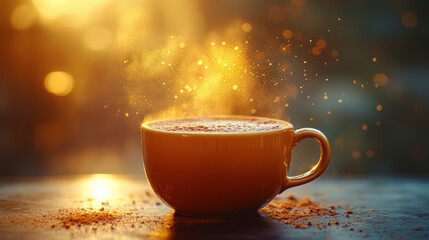 Fototapeta premium A steaming cup of coffee sits on a wooden surface, surrounded by golden light and a few sprinkles of cocoa powder