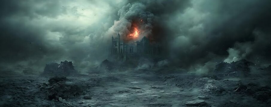 Burning castle, apocalyptic landscape. Game background
