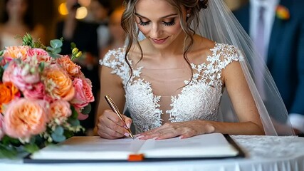 Bride signing wedding registry
