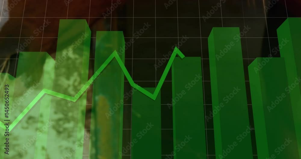 Poster interface showing translucent green 3d bar chart rising over dark grid, bright line tracing peaks