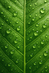 Macro photography of green leaf veins with water droplets, nature detail and hydration concept

