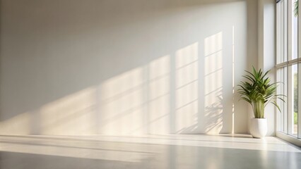Sunlight streaming through a large window casts warm shadows on a minimalist room with a potted plant