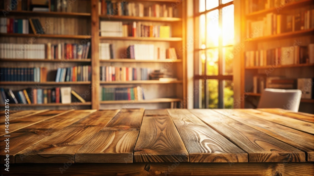 Poster a warm wooden table surface in a sunny room with bookshelves in the background.