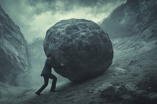 A man in a suit pushing an enormous boulder up a hill, in a cinematic, dark, and gloomy scene.