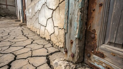 Weathered Wooden Post Against a Cracked Earth Foundation
