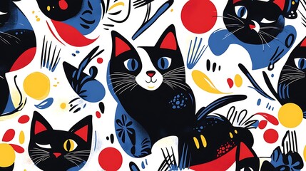 Playful illustration featuring black cats with blue and yellow eyes, surrounded by red, yellow, and blue abstract shapes on a white background. The style is bold and graphic with a whimsical touch