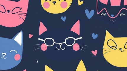 Playful illustration featuring multiple cartoon cat faces in various colors, including pink, yellow, blue, and black. The cats have different expressions and some wear glasses. Blue and pink hearts