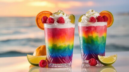 Obraz premium Layered rainbow drinks with whipped cream and fruit near turquoise sea