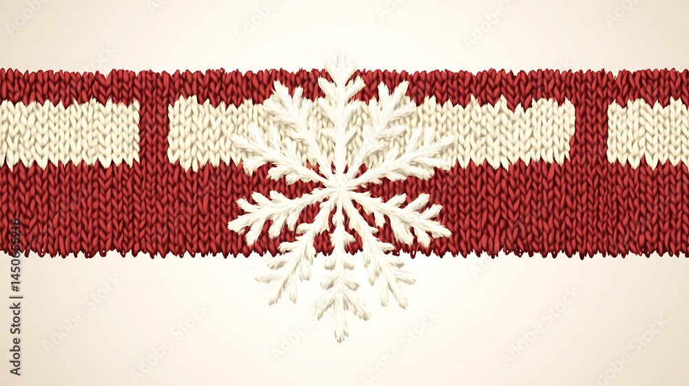 Poster close up view of a knitted texture forming a horizontal band with a large snowflake design in the ce