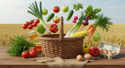 Floating fresh vegetables and eggs in a basket on a wooden table outdoors