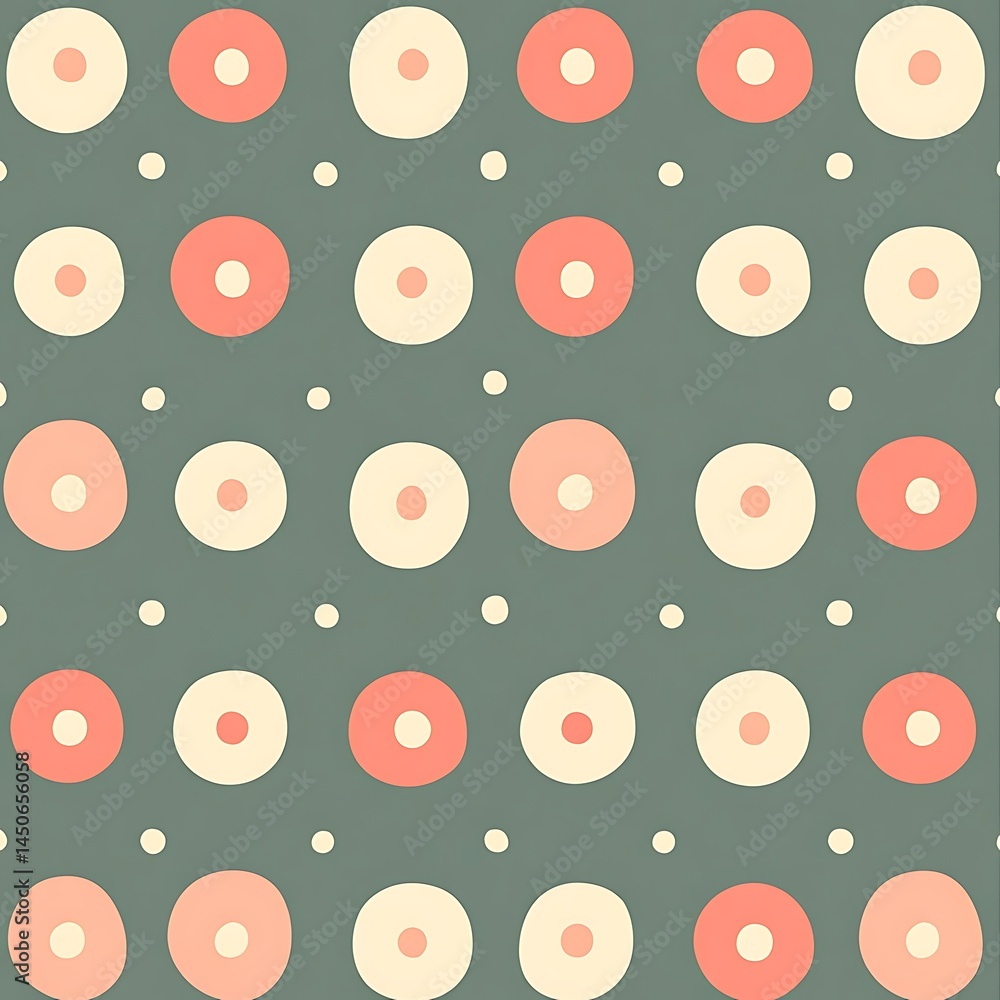 Poster seamless pattern with coral and cream circles on a gray green background. the circles are arranged i