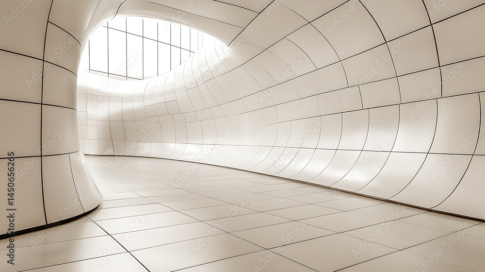 Poster abstract sepia toned image depicting a futuristic, curved tunnel with a grid like pattern on the wal