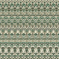 Seamless pattern with teal and beige geometric shapes. The design features repeating horizontal bands of intricate, abstract motifs, creating a textured and visually rich surface. Ideal for textile