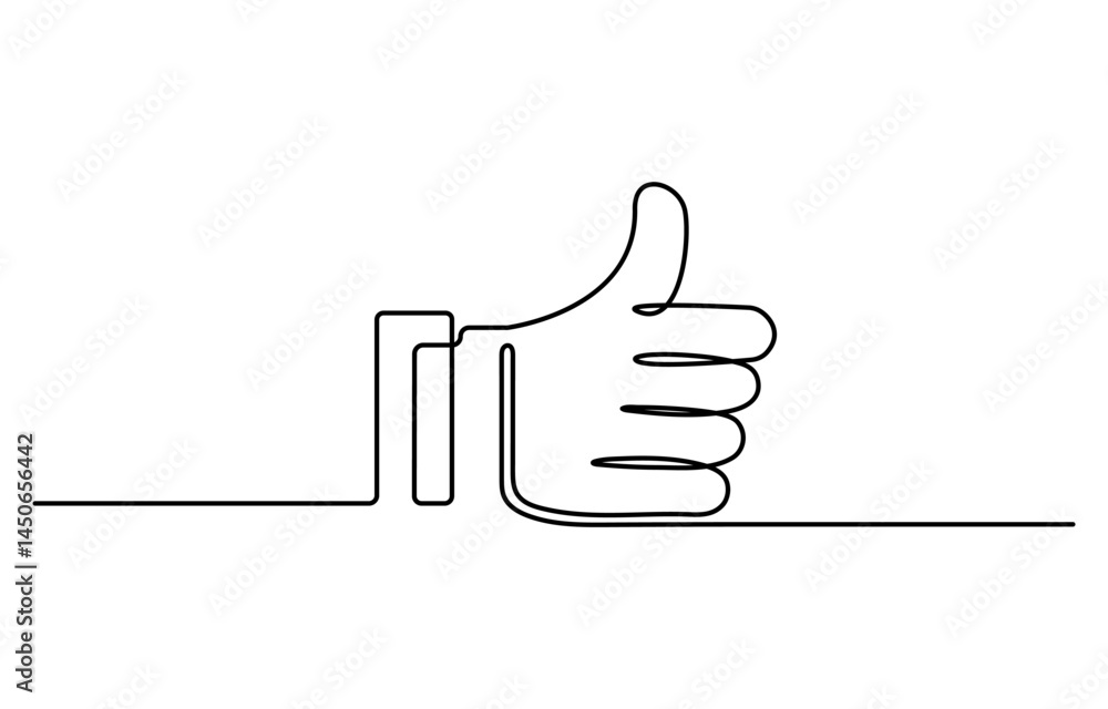Poster one continuous line drawing of like hand showing thumb up, continuous line drawing of like icon. thu