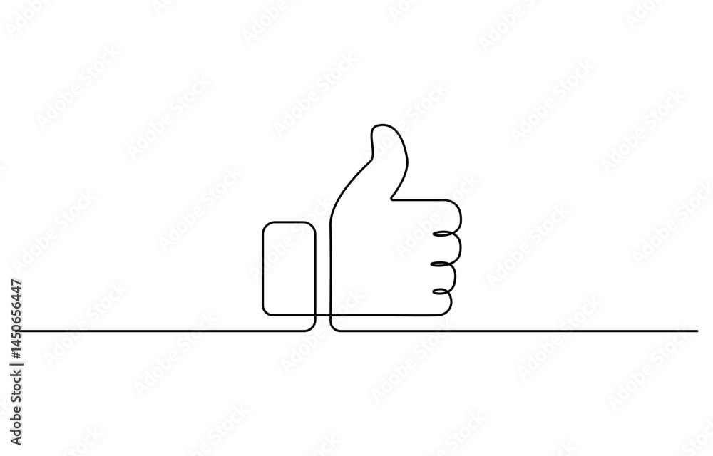 Poster one continuous line drawing of like hand showing thumb up, continuous line drawing of like icon. thu