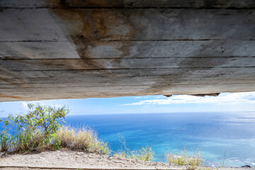 View from inside the concrete Battery 407 bunker at Diamond Head State Monument in Oahu, Hawaii 