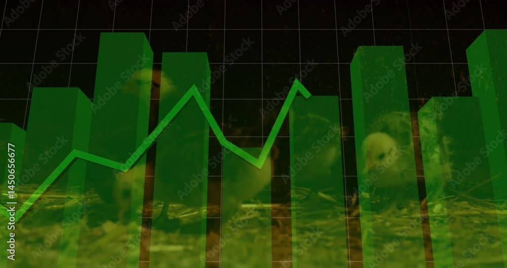 Aufkleber Data visualization combining farm grid scene showing green 3D bars and line graph tracing peaks