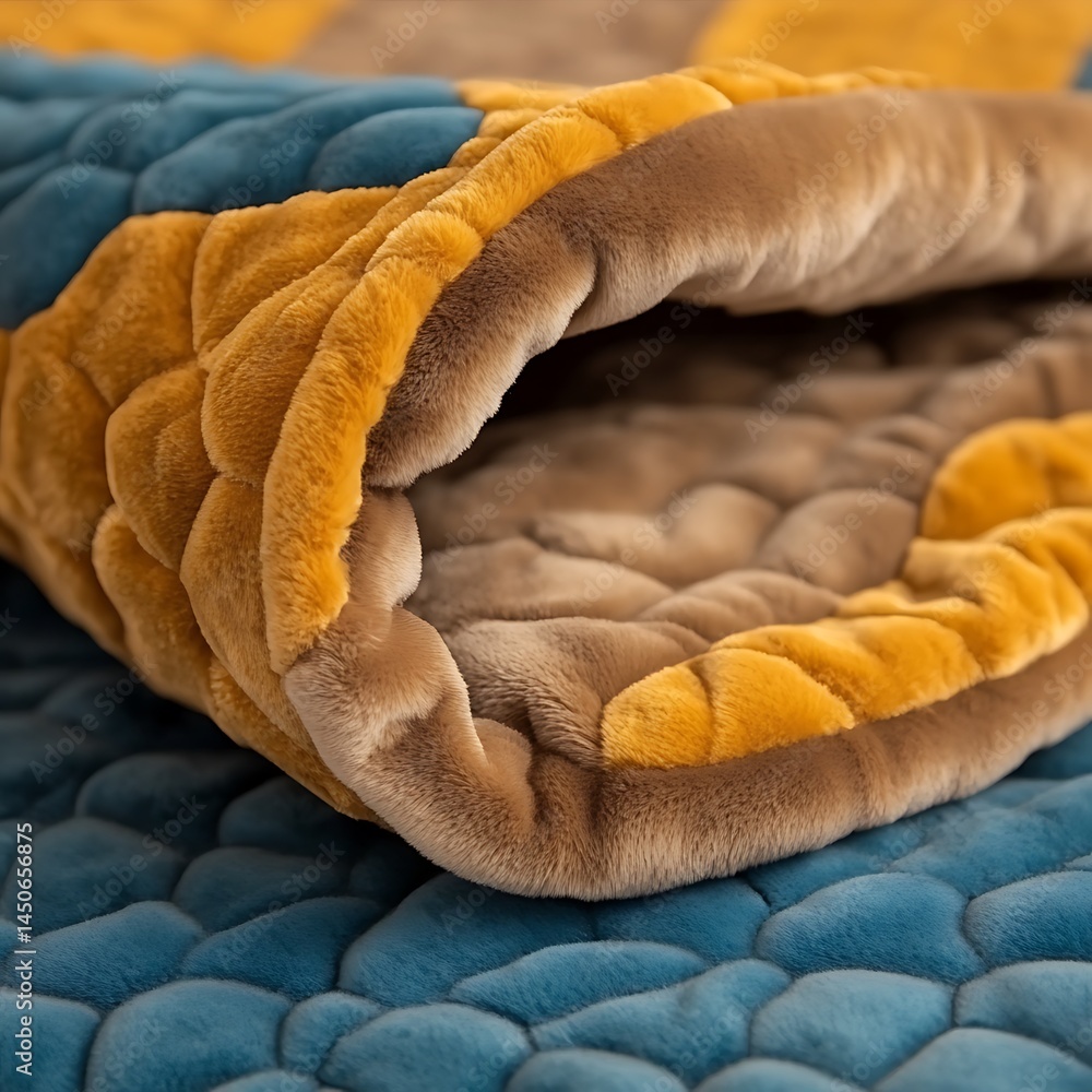 Poster close up view of a textured fabric in shades of mustard yellow, brown, and teal. the fabric shows a 