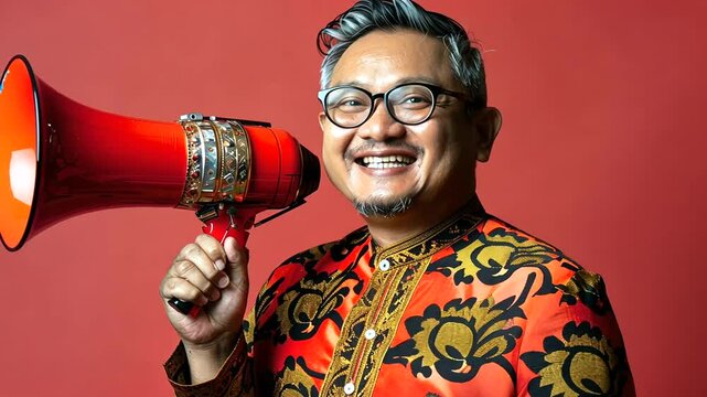 Smiling man holds megaphone