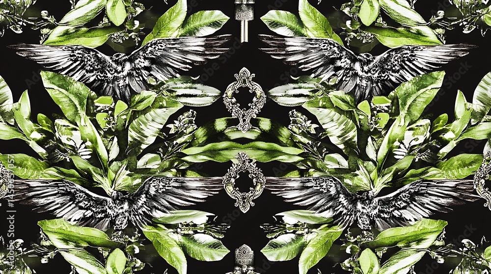 Aufkleber symmetrical pattern of stylized birds and foliage on a black background. dark grayscale birds with h