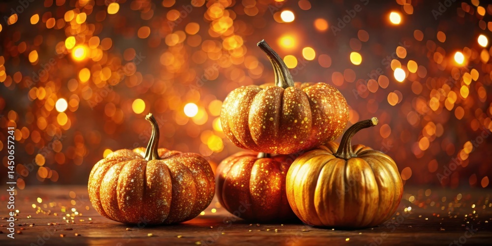 Aufkleber a cluster of sparkling pumpkins rests on a rustic wooden surface, bathed in warm, golden light. the 