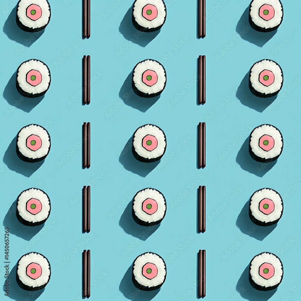 Poster a repeating pattern of sushi rolls and chopsticks on a light blue background. the image features a m