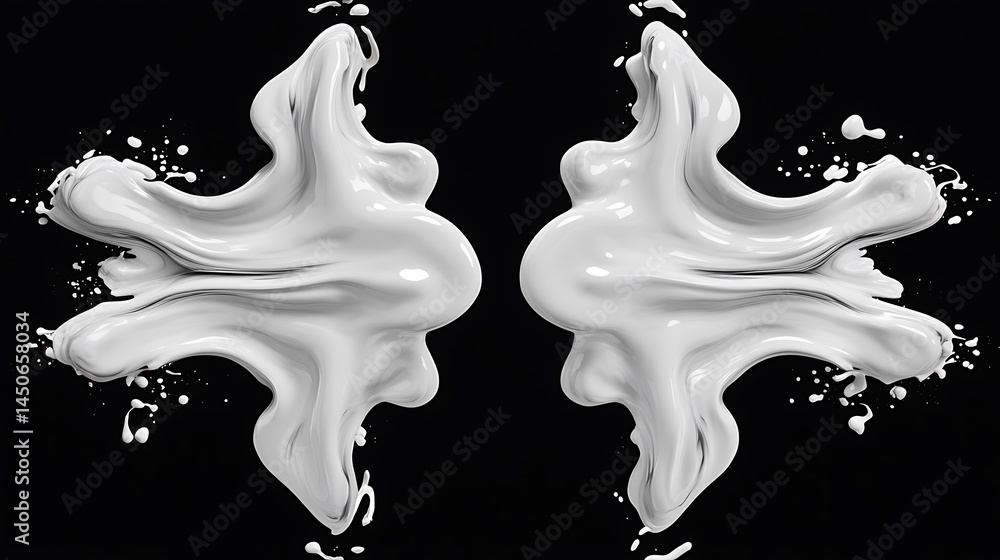Poster abstract image of two symmetrical white shapes resembling fluid or paint splatters against a black b