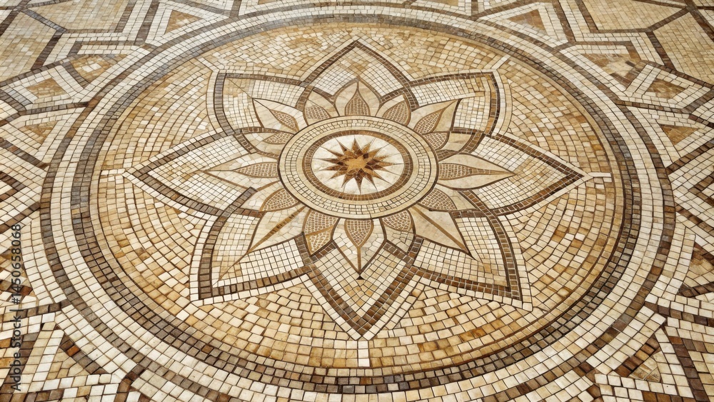 Poster a intricate mosaic floor design with a central starburst surrounded by a stylized floral pattern, al