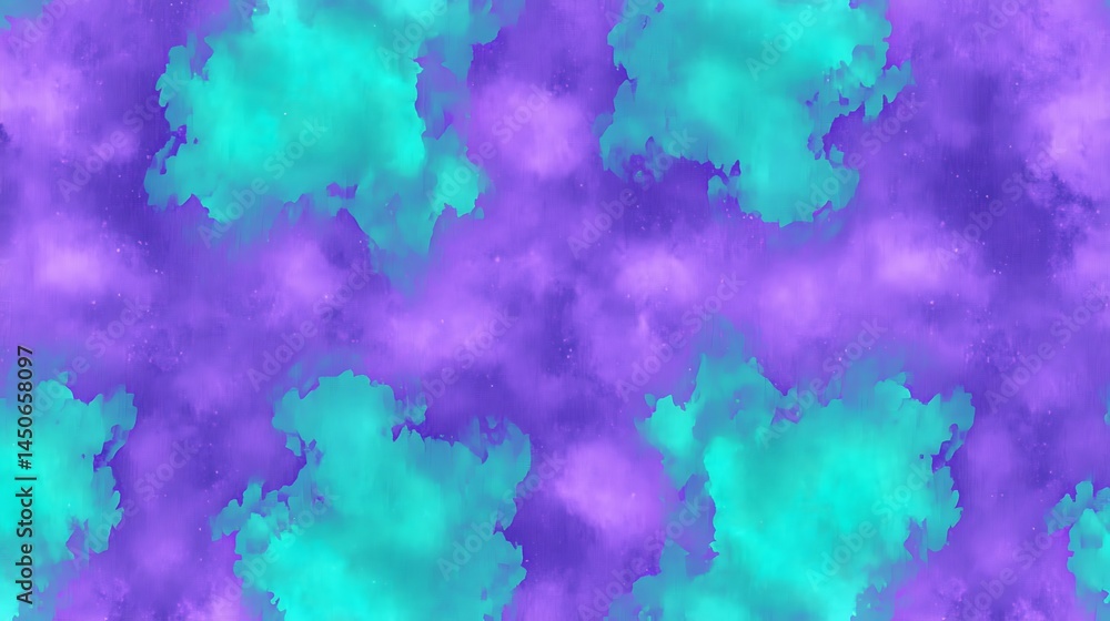 Poster abstract background with teal and purple watercolor clouds, speckled with tiny light dots. seamless 