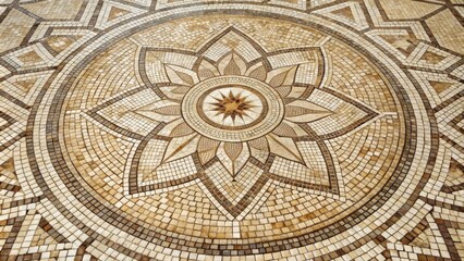 A intricate mosaic floor design with a central starburst surrounded by a stylized floral pattern, all crafted from small tiles in shades of brown and cream.