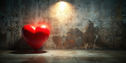 A solitary red heart rests against a weathered concrete wall illuminated by a single overhead light.