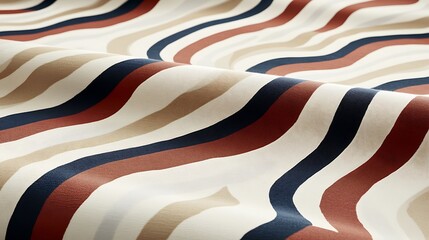 Obraz premium Abstract close up of textured fabric with wavy stripes in beige, brown, dark blue and red tones. The image shows the texture and pattern of the textile material