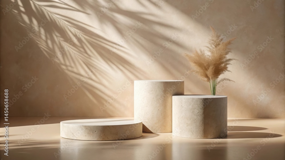 Poster A Minimalist Display With Three Stone Platforms and Dried Grass Against a Tan Background Featuring Sunlit Palm Leaf Shadows