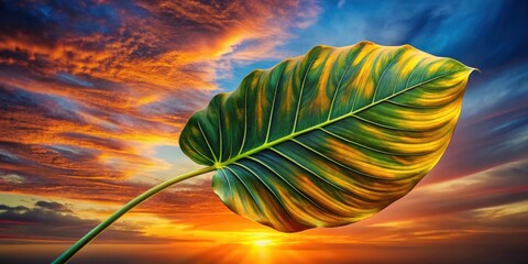 Fototapeta premium A Single Leaf Against a Vibrant Sunset Sky, Showcasing the Beauty of Nature's Simple Details
