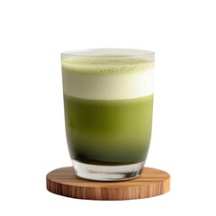 Refreshing and Creamy Matcha Latte with Frothy Layer and Beautiful Glass on Wooden Coaster Against a Clean Background