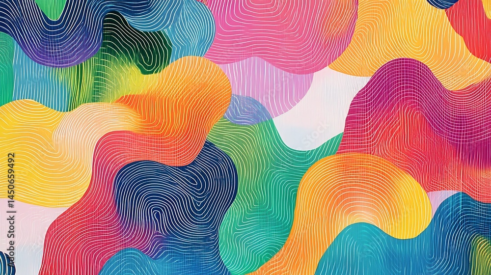Poster abstract colorful artwork featuring vibrant watercolor like shapes overlaid with intricate line patt