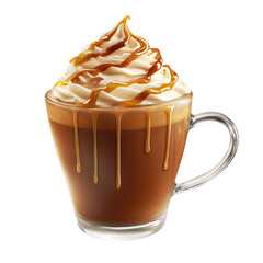 Delicious warm coffee topped with creamy whipped cream and drizzled with rich caramel sauce ideal for cozy moments and dessert indulgence