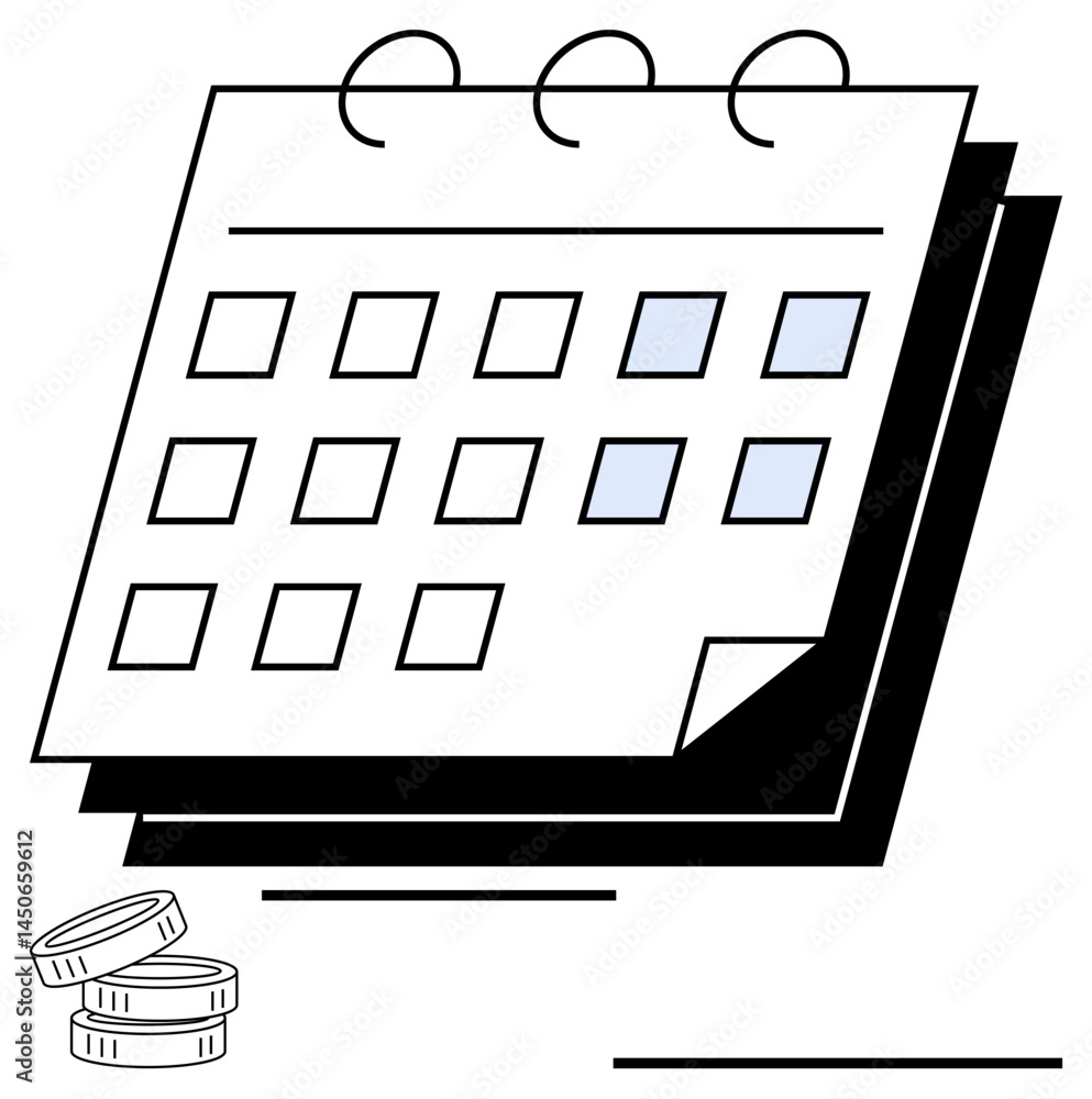 Poster calendar with highlighted dates and stacked coins symbolizing budgeting, time allocation, deadline t