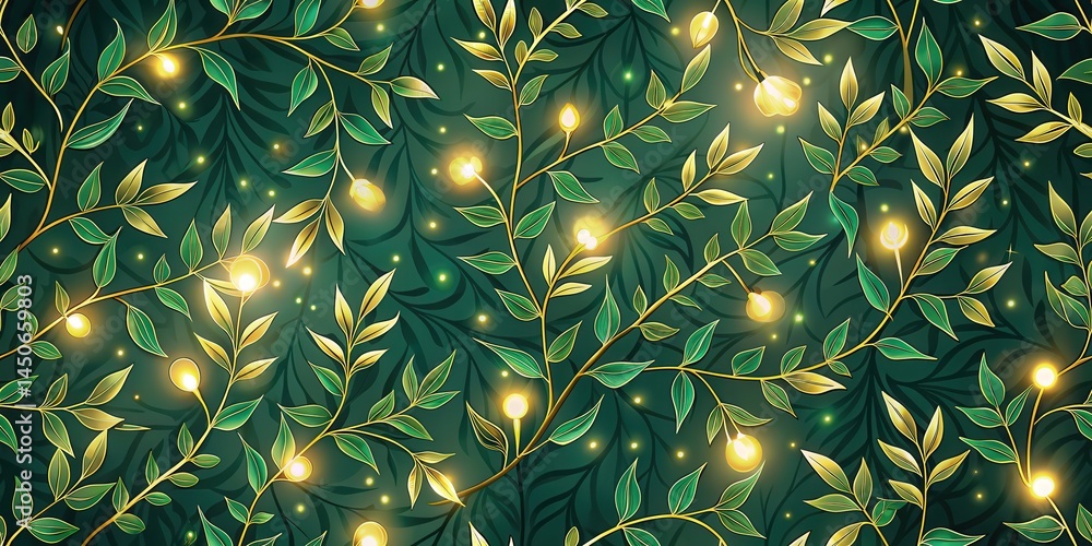 Poster Illuminated Foliage A Seamless Pattern of Golden Branches and Glowing Leaves on a Deep Green Background