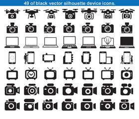 set of flat black vector icons for web features business,  with camera, drone, laptop, smartphone , television, video camera,  silhouette symbols