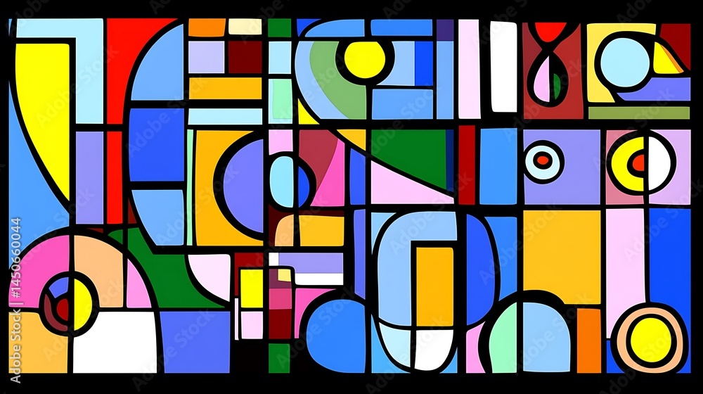 Poster vibrant abstract artwork featuring geometric shapes in bold colors. the composition includes circles