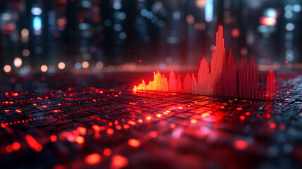 Futuristic city data visualization showing financial graph on glowing grid.